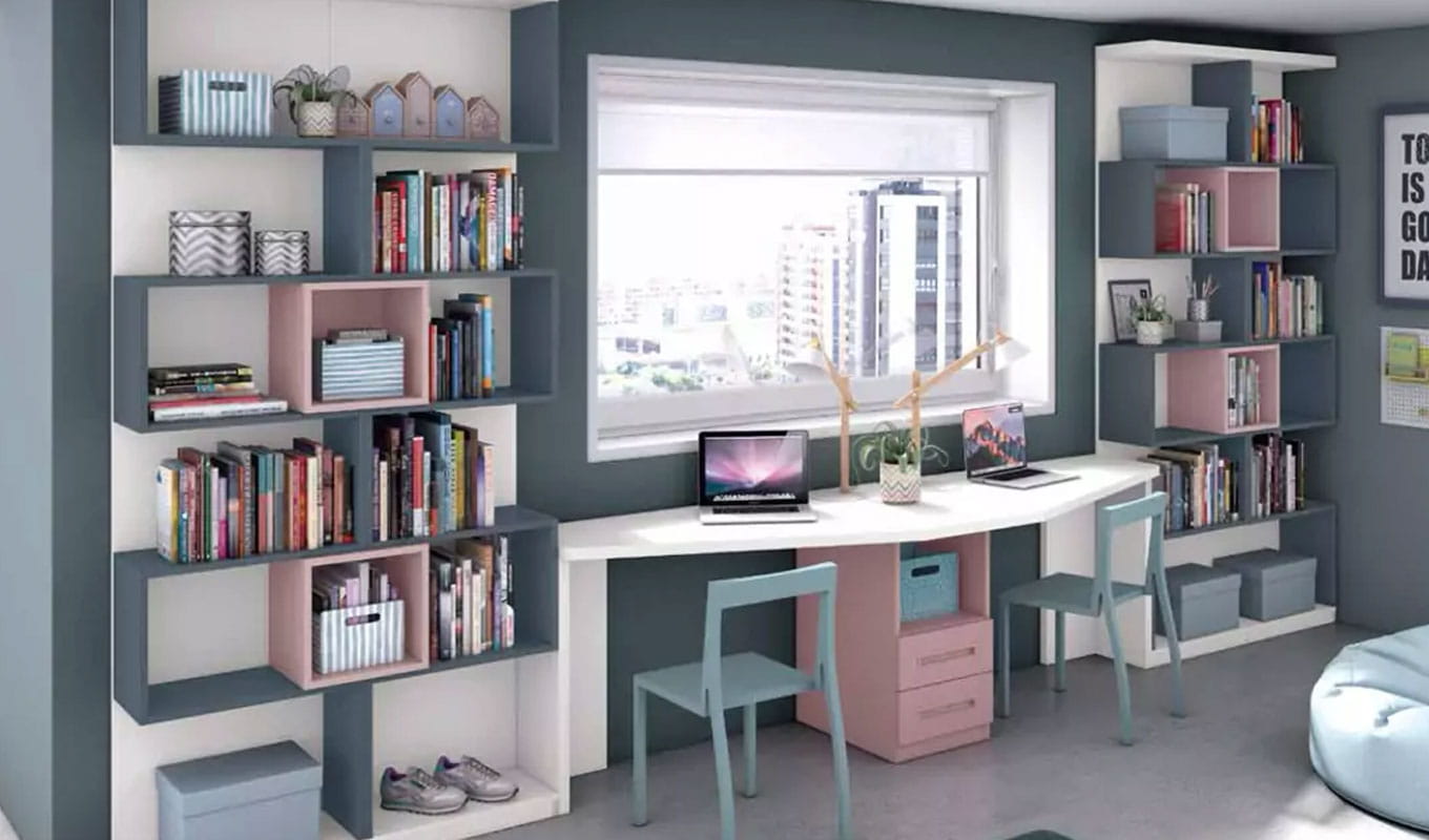 dormitorio-juvenil-cama-estanterias1 Estanterias de gran capacidad en Dormitorio juvenil