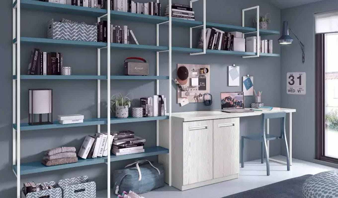 dormitorio-juvenil-cama-estanterias2 Estanterias de gran capacidad en Dormitorio juvenil