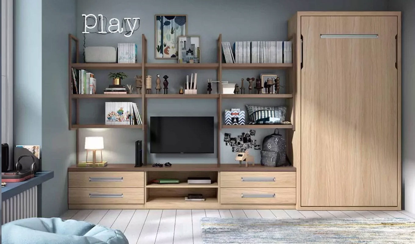 dormitorio-juvenil-cama-zona-entretenimiento Zona de entretenimiento en dormitorio juvenil