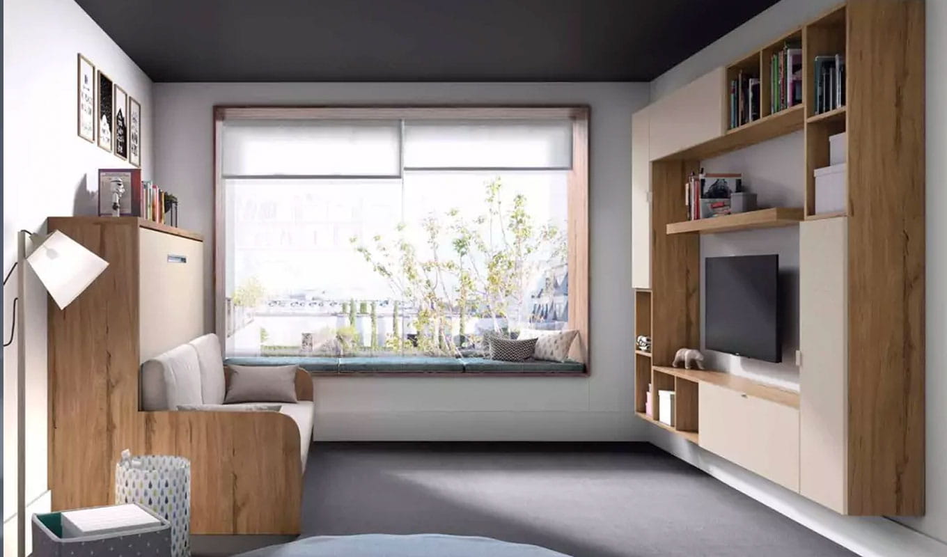 dormitorio-juvenil-cama-zona-entretenimiento2 Zona de entretenimiento en dormitorio juvenil