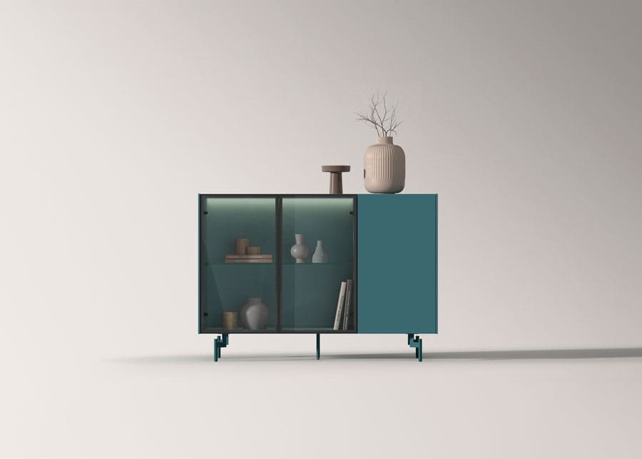 Madrid Hogar. Aparador azul petroleo negro cristal.