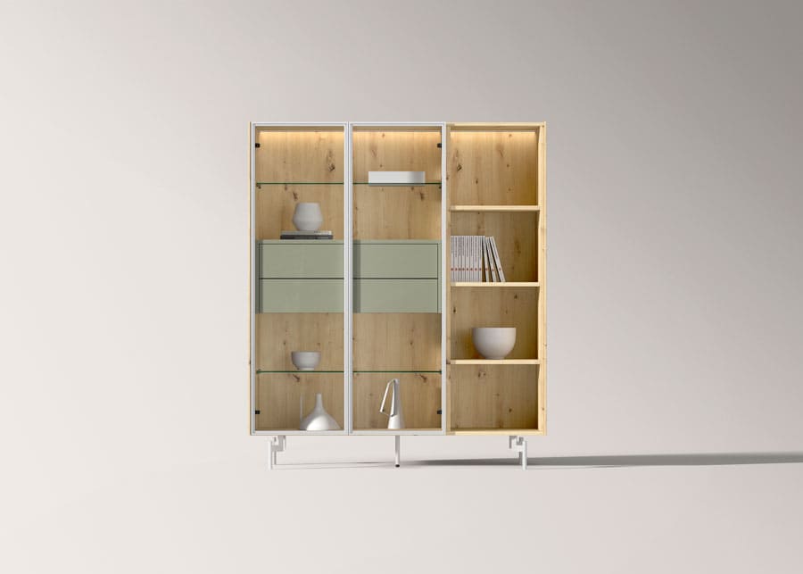 Madrid Hogar. Mueble almacenamiento pino cristal.