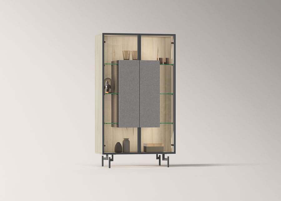 Madrid Hogar. Mueble almacenamiento pino piedra cristal.