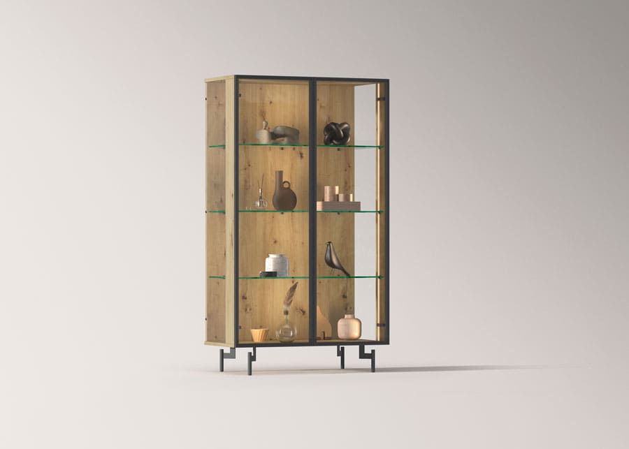 Madrid Hogar. Mueble alto almacenamiento pino cristal.